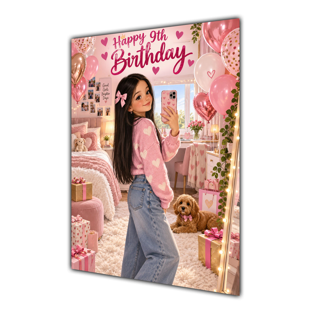 Happy 9th Birthday Girl Pink Bedroom Selfie Greeting Card A5