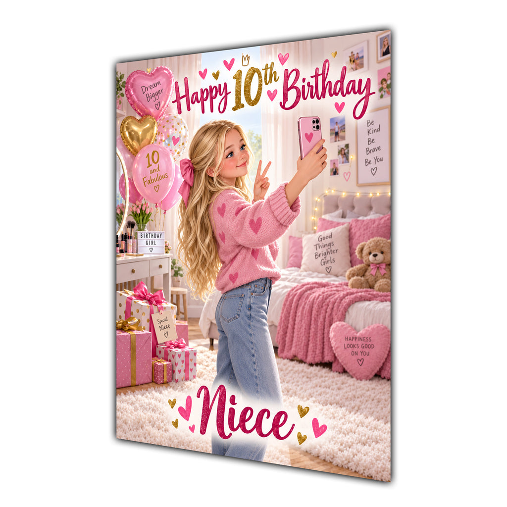 Happy 10th Birthday Niece Pink Bedroom Selfie Greeting Card A5