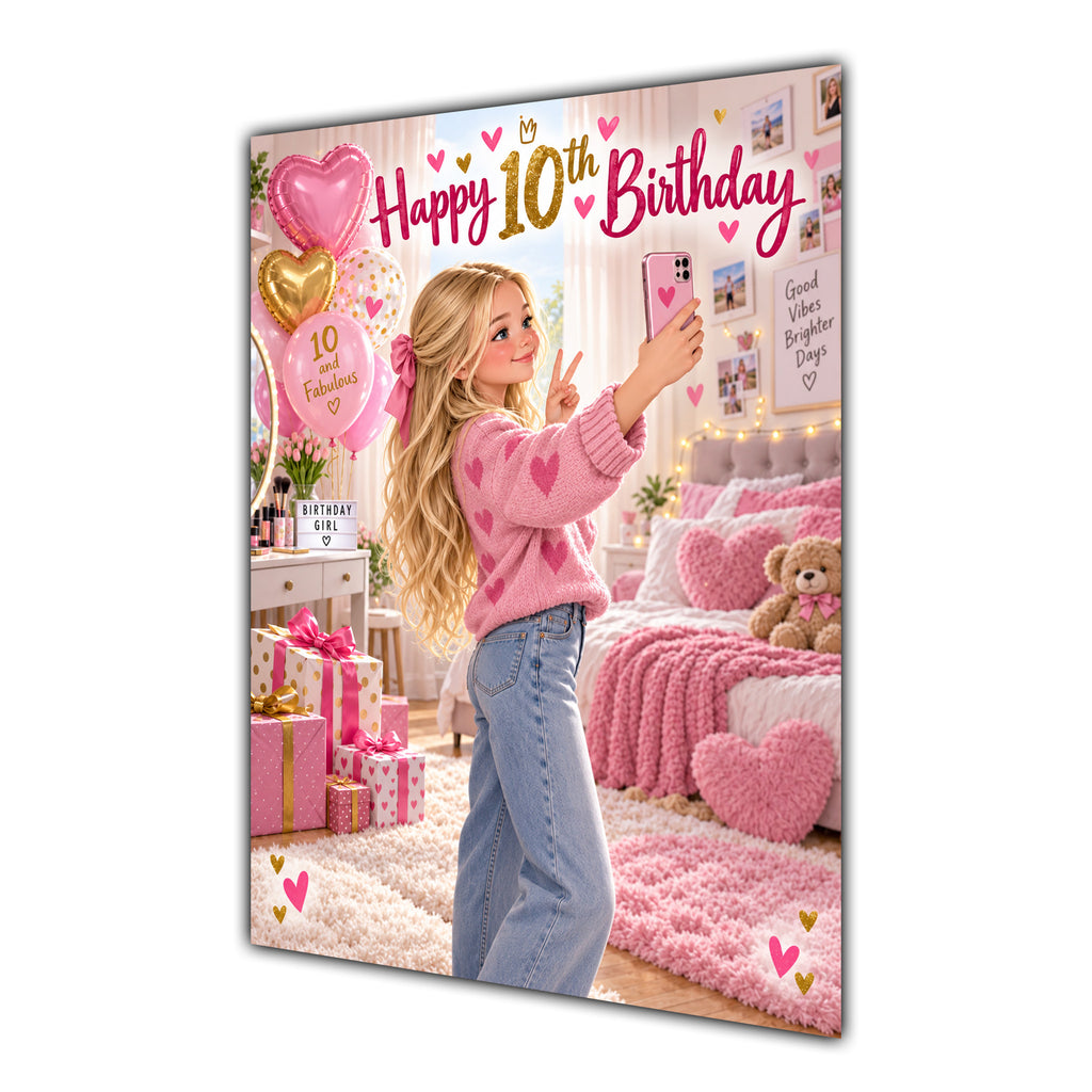 Happy 10th Birthday Girl Pink Bedroom Selfie Greeting Card A5
