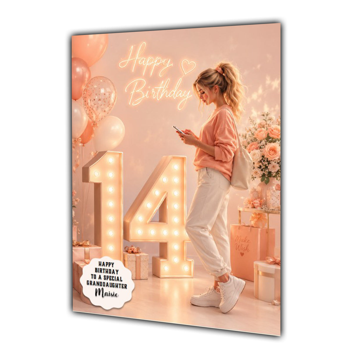 Personalised 14th Birthday Card Girls Granddaughter Daughter Niece A5 Size
