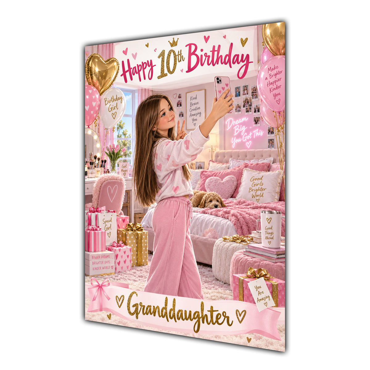 Happy 10th Birthday Granddaughter Pink Bedroom Selfie Greeting Card A5