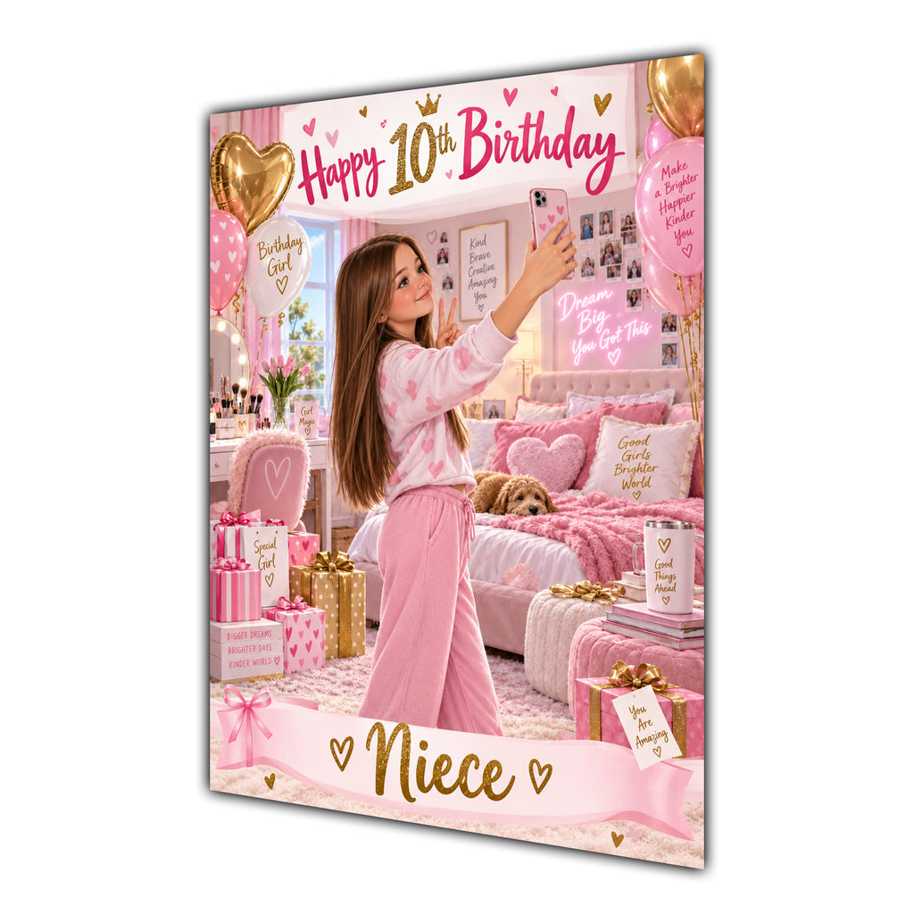 Happy 10th Birthday Niece Pink Bedroom Selfie Greeting Card A5