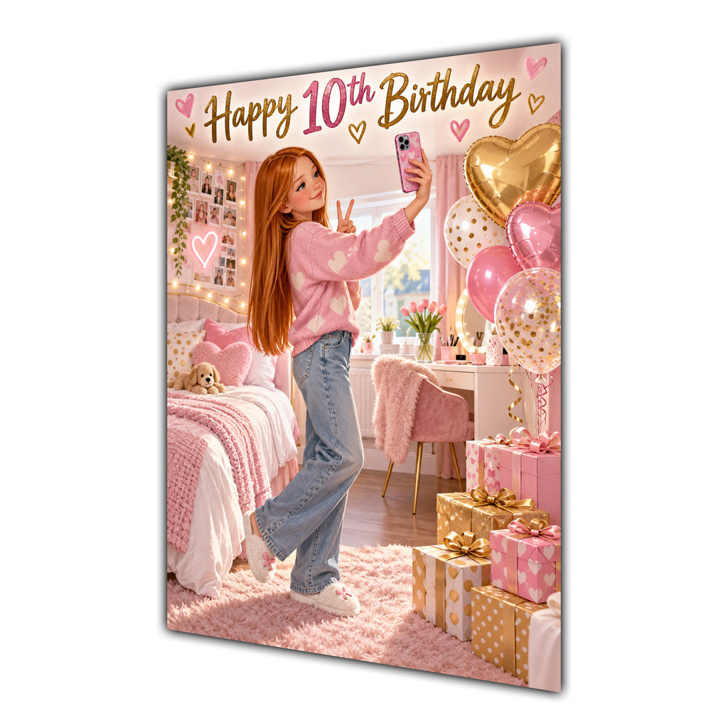 Happy 10th Birthday Girl Pink Bedroom Selfie Greeting Card A5