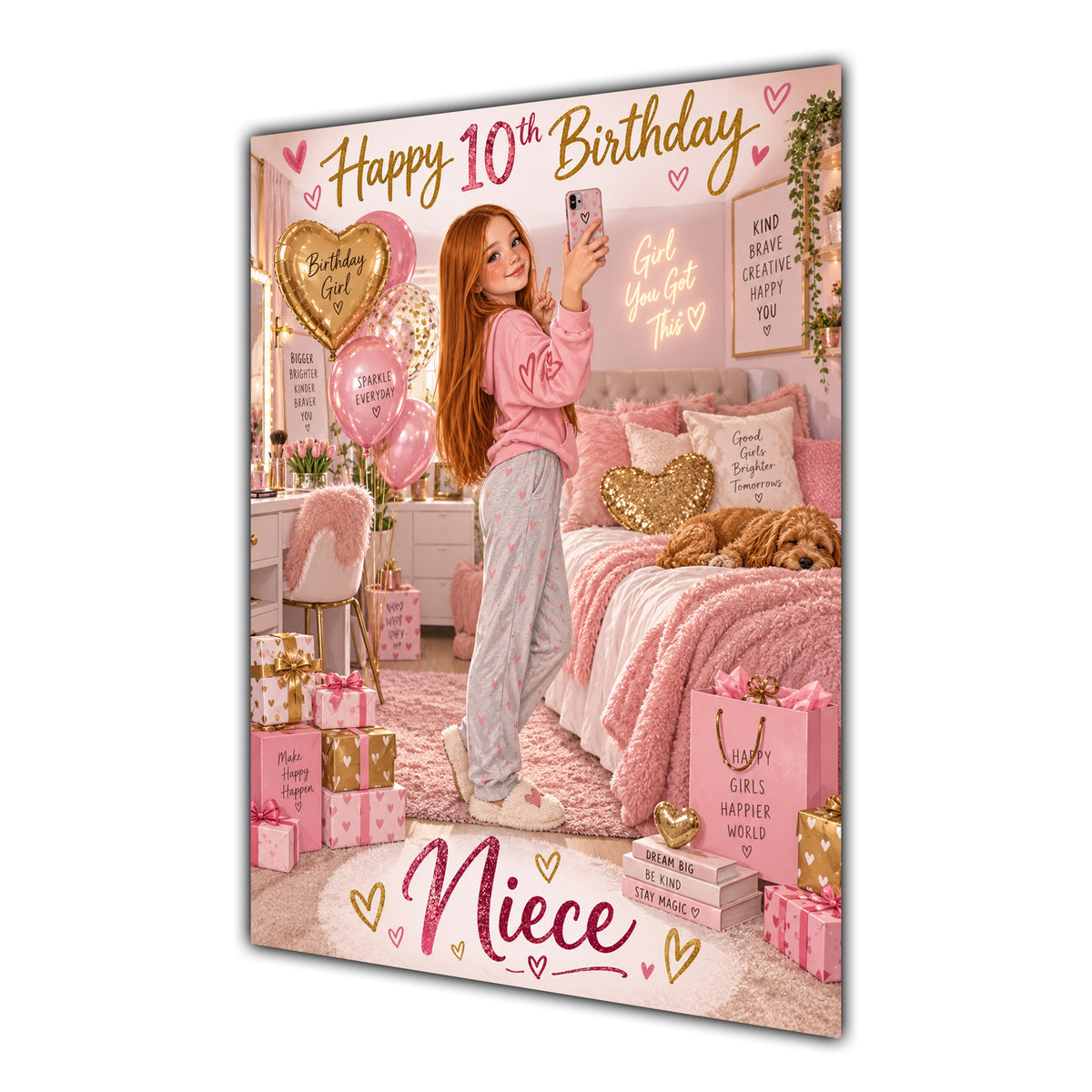 Happy 10th Birthday Niece Pink Bedroom Selfie Greeting Card A5