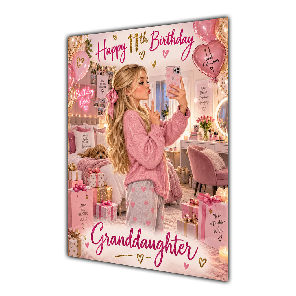 Happy 11th Birthday Granddaughter Pink Bedroom Selfie Greeting Card A5