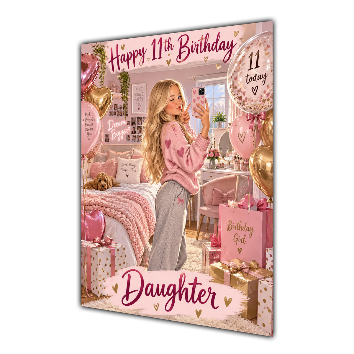 Happy 11th Birthday Daughter Pink Bedroom Selfie Greeting Card A5