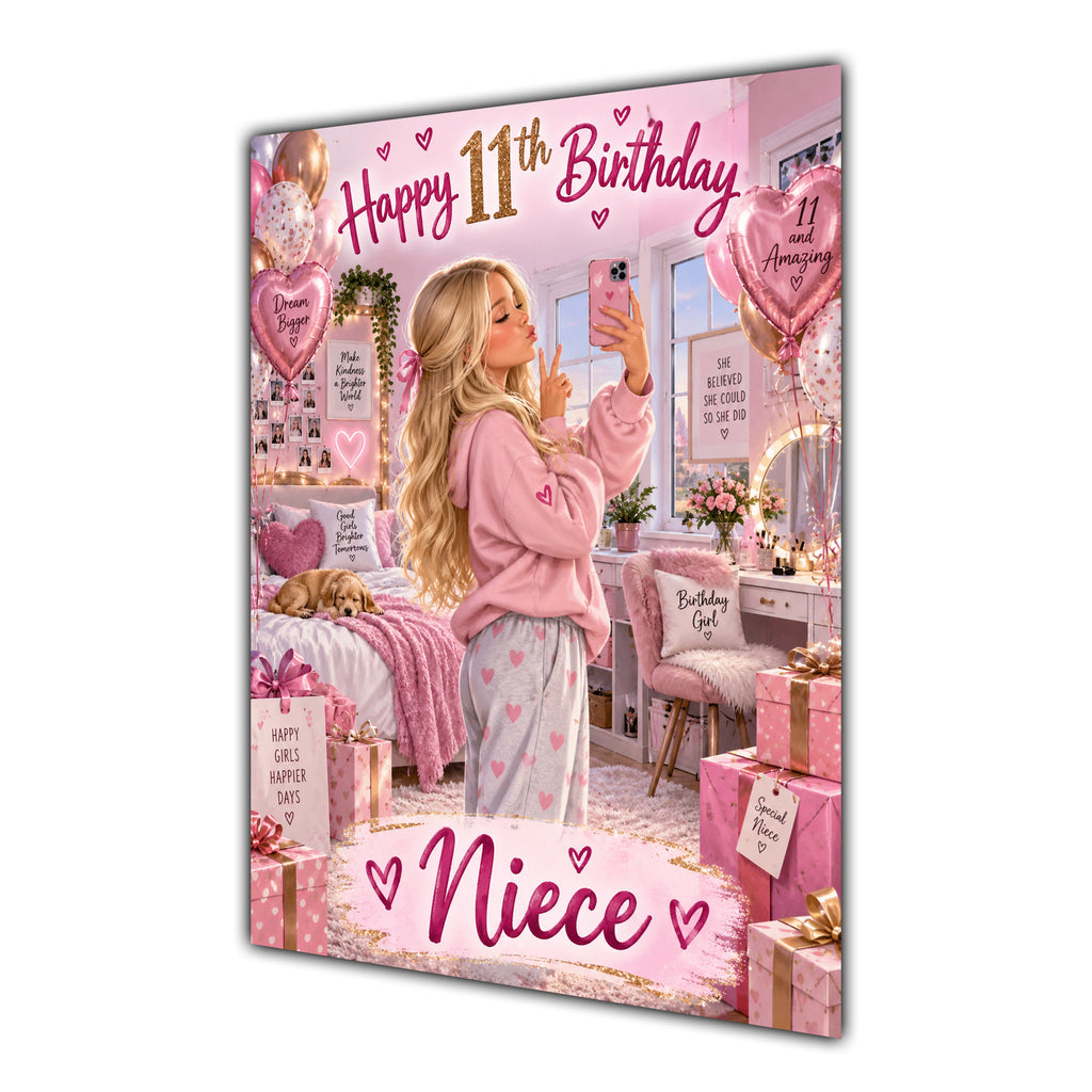 Happy 11th Birthday Niece Pink Bedroom Selfie Greeting Card A5