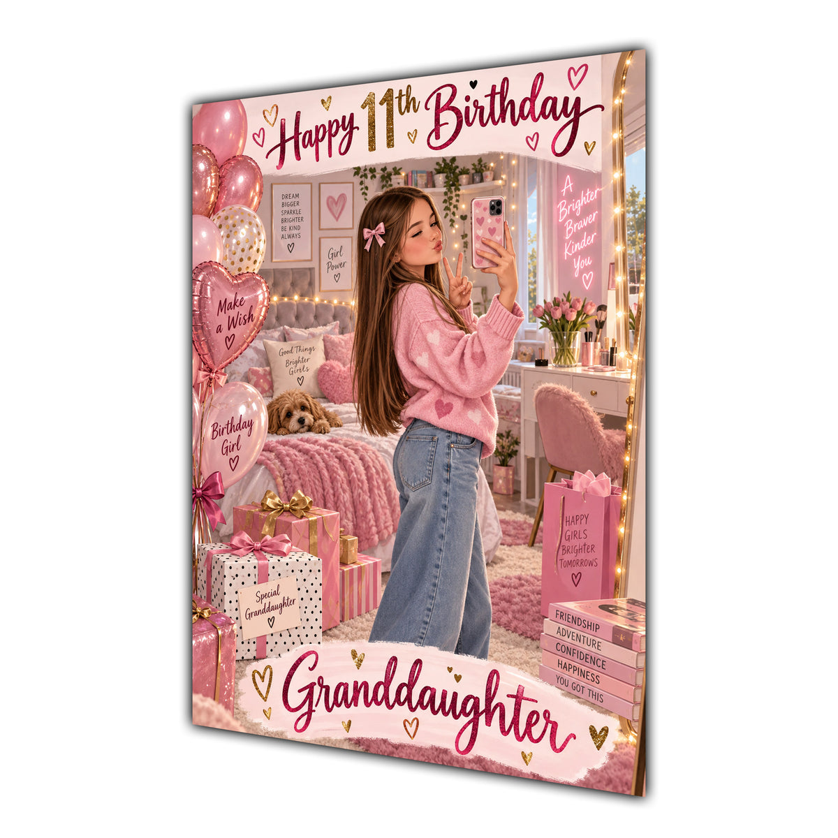 Happy 11th Birthday Granddaughter Pink Bedroom Selfie Greeting Card A5