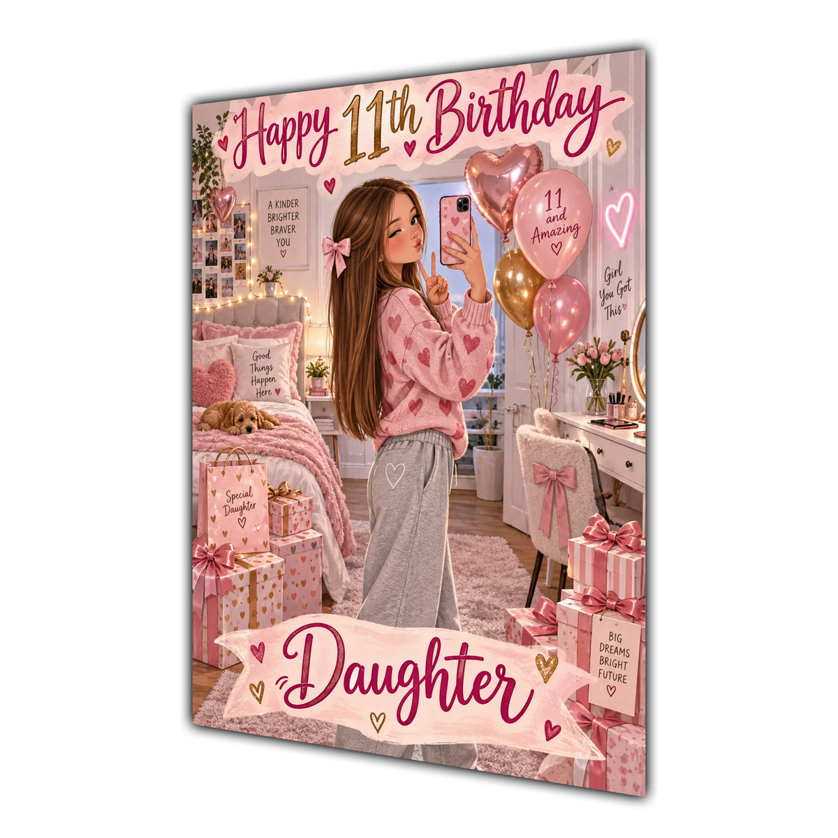 Happy 11th Birthday Daughter Pink Bedroom Selfie Greeting Card A5