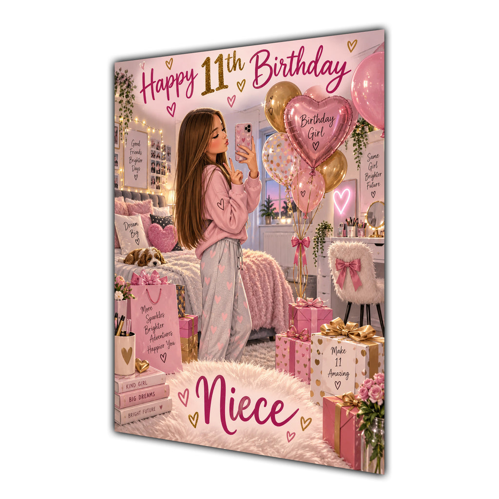 Happy 11th Birthday Niece Pink Bedroom Selfie Greeting Card A5