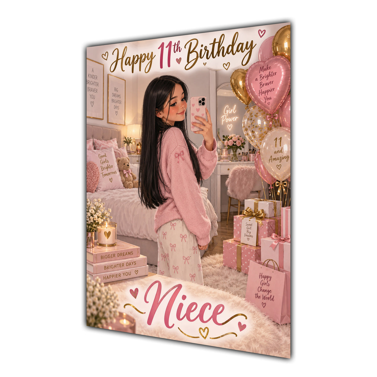 Happy 11th Birthday Niece Pink Bedroom Selfie Greeting Card A5