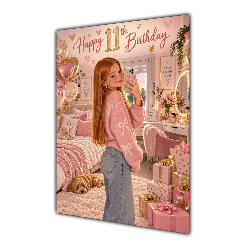 Happy 11th Birthday Girl Pink Bedroom Selfie Greeting Card A5