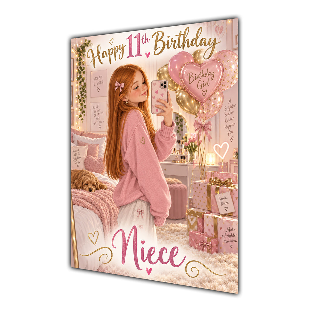 Happy 11th Birthday Niece Pink Bedroom Selfie Greeting Card A5