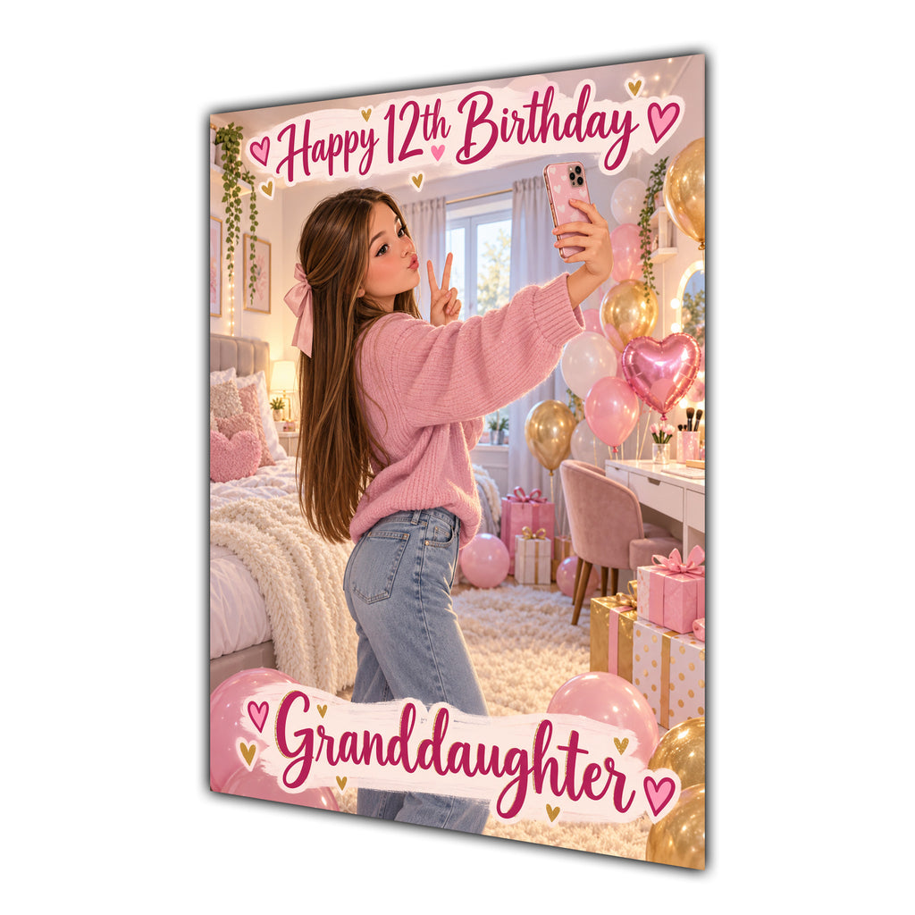 Happy 12th Birthday Granddaughter Pink Bedroom Selfie Greeting Card A5