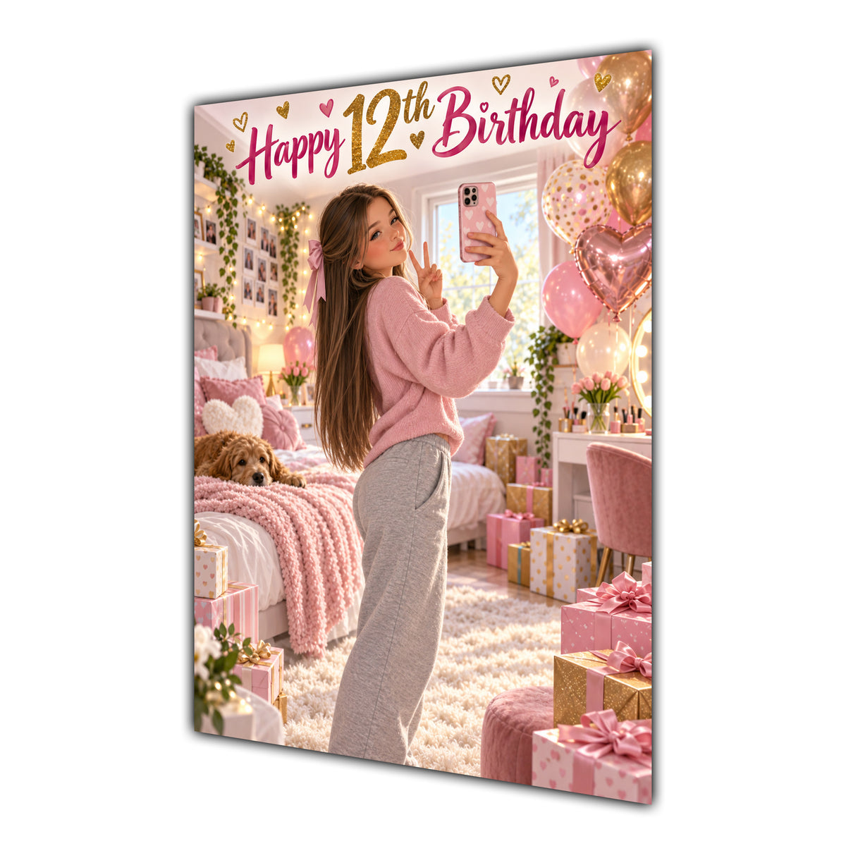 Happy 12th Birthday Girl Pink Bedroom Selfie Greeting Card A5