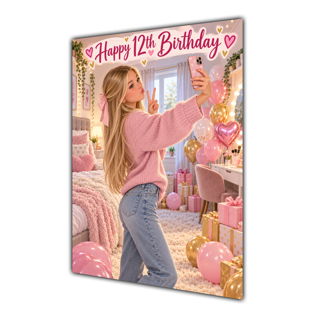 Happy 12th Birthday Girl Pink Bedroom Selfie Greeting Card A5