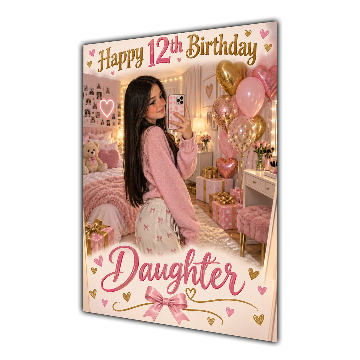 Happy 12th Birthday Daughter Pink Bedroom Selfie Greeting Card A5