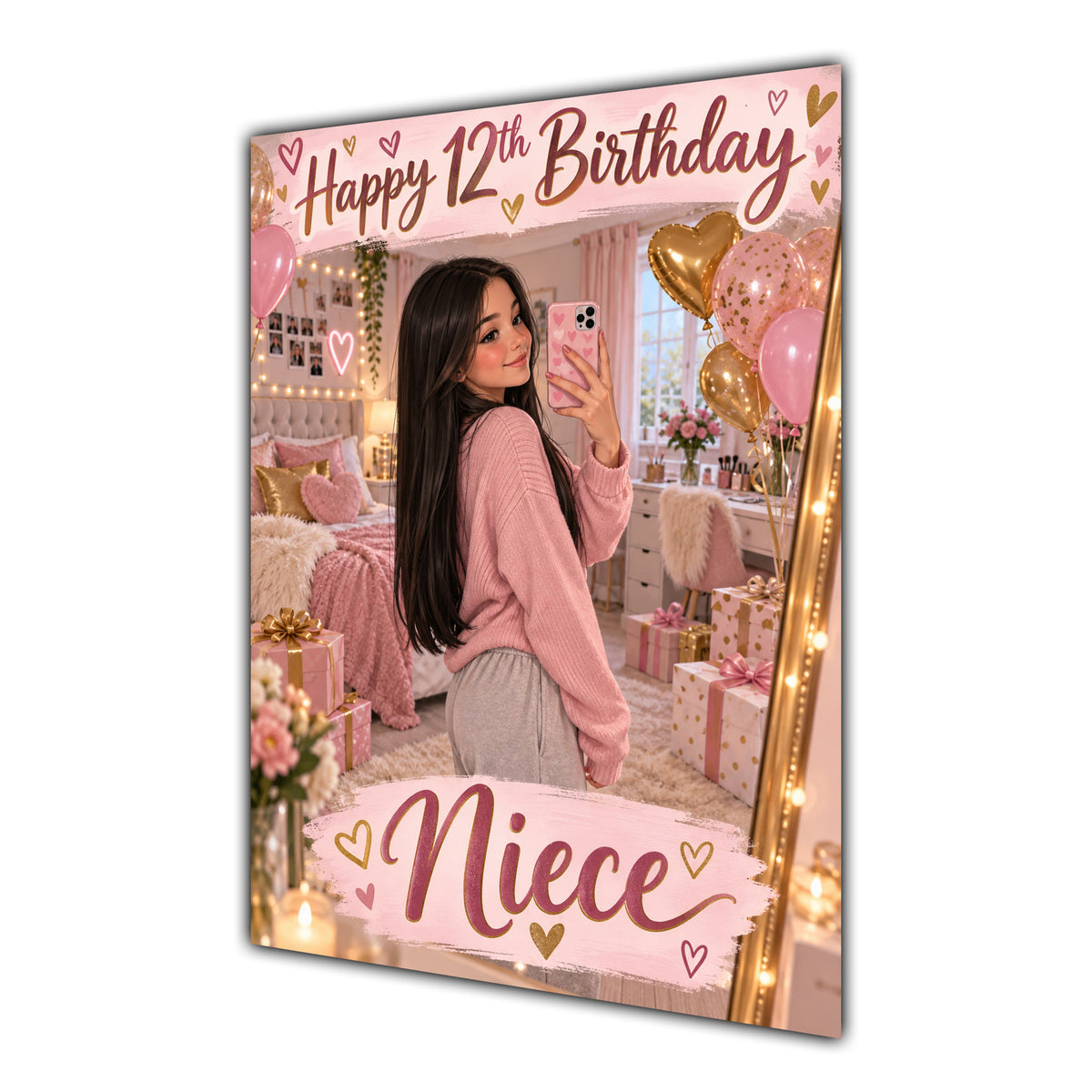 Happy 12th Birthday Niece Pink Bedroom Selfie Greeting Card A5