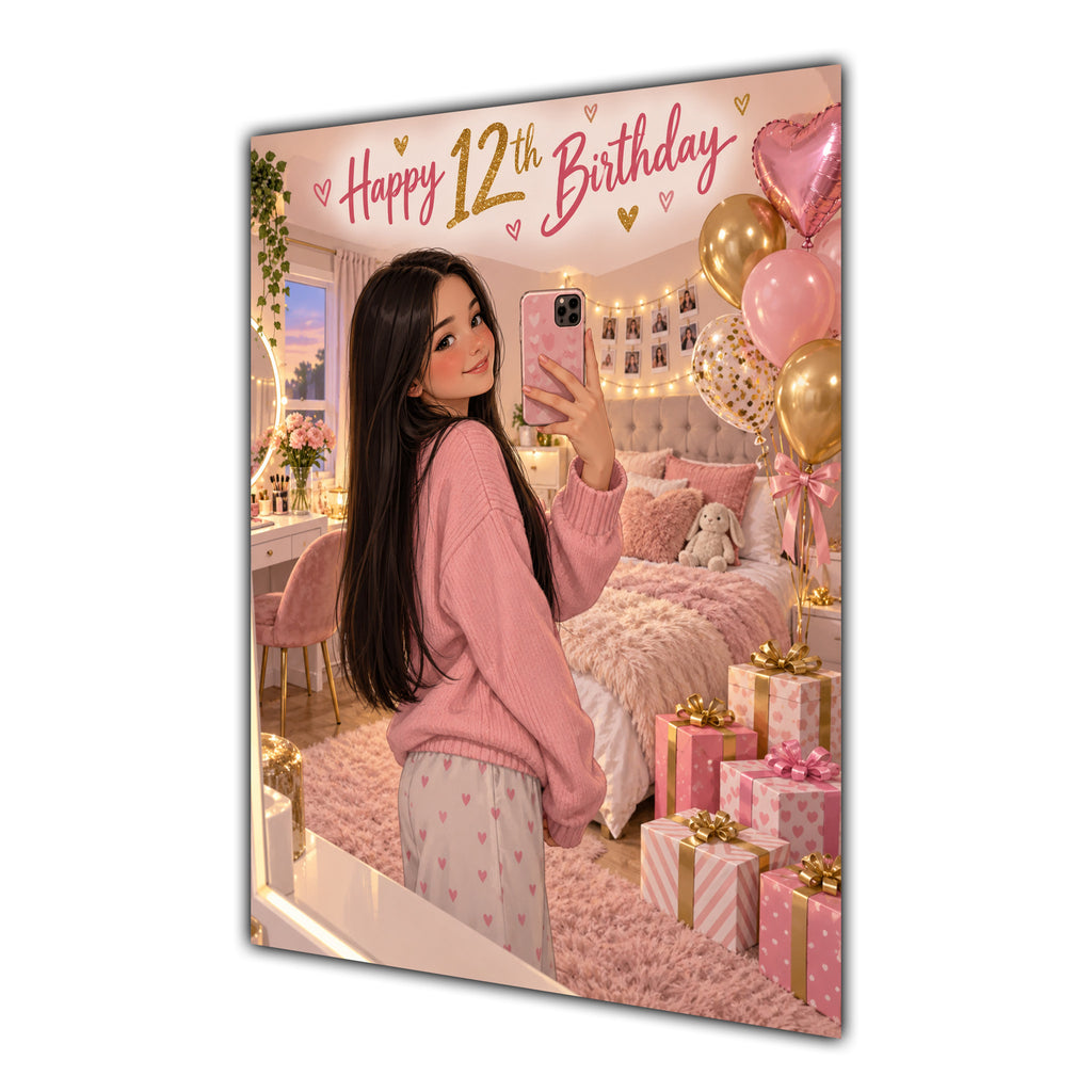 Happy 12th Birthday Girl Pink Bedroom Selfie Greeting Card A5