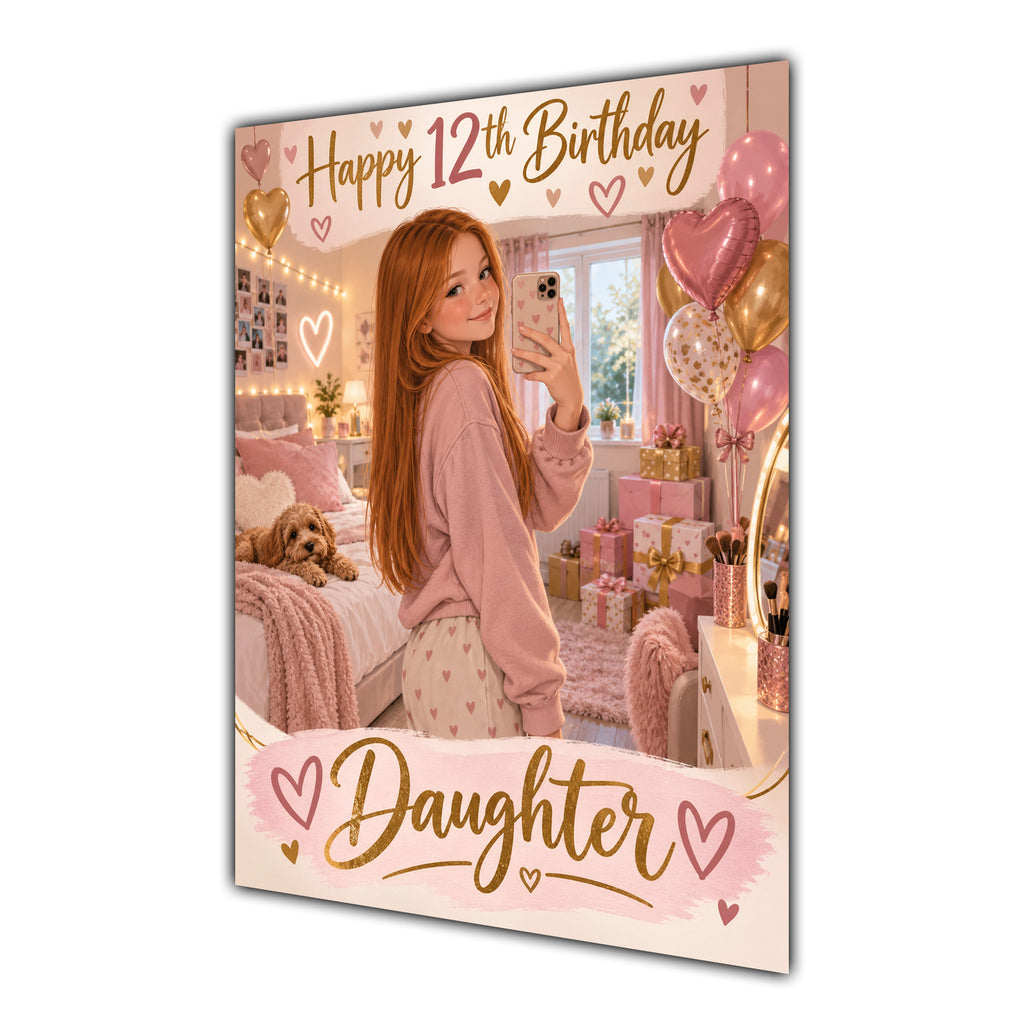 Happy 12th Birthday Daughter Pink Bedroom Selfie Greeting Card A5