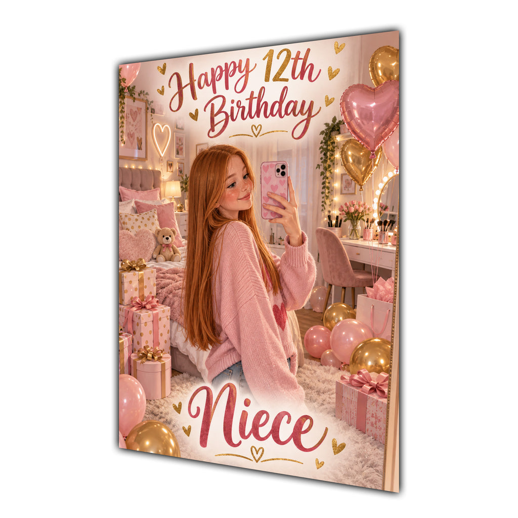 Happy 12th Birthday Niece Pink Bedroom Selfie Greeting Card A5