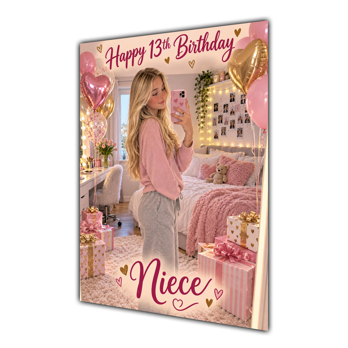 Happy 13th Birthday Niece Pink Bedroom Selfie Greeting Card A5