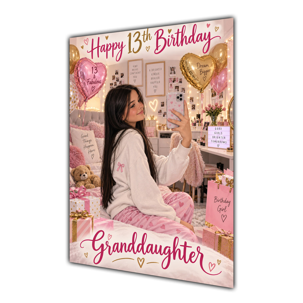 Happy 13th Birthday Granddaughter Pink Bedroom Selfie Greeting Card A5