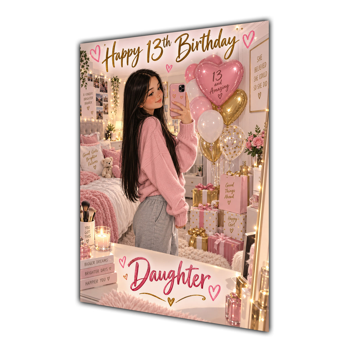 Happy 13th Birthday Daughter Pink Bedroom Selfie Greeting Card A5