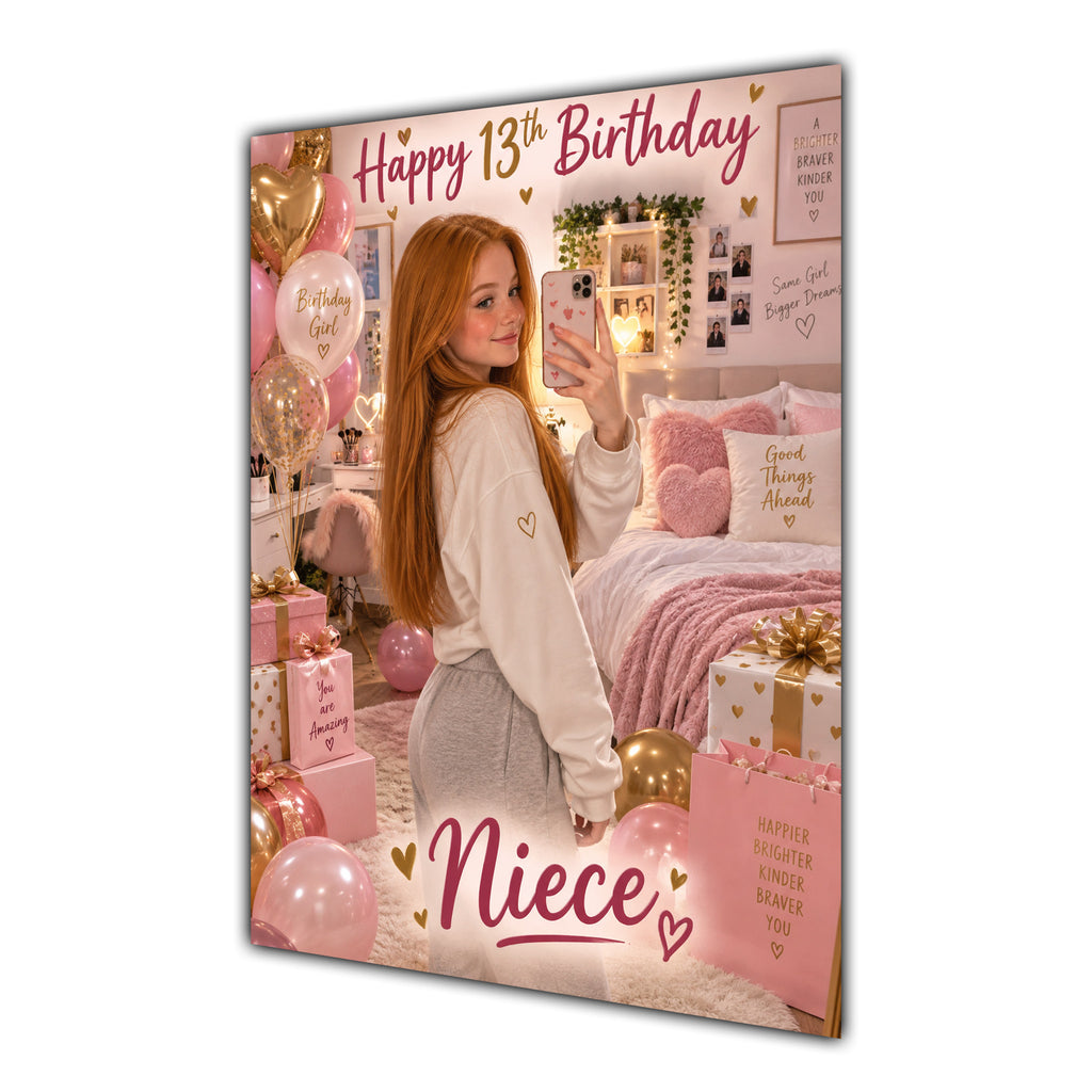 Happy 13th Birthday Niece Pink Bedroom Selfie Greeting Card A5
