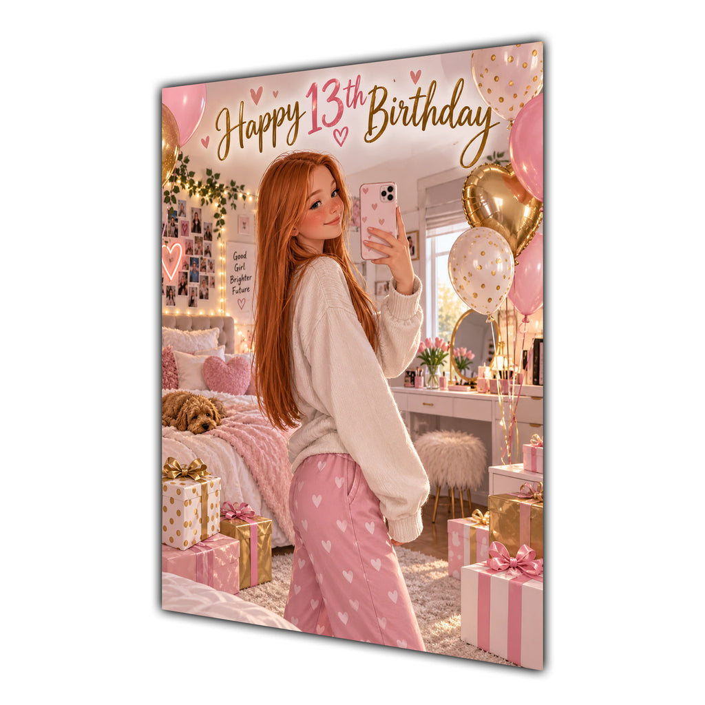 Happy 13th Birthday Girl Pink Bedroom Selfie Greeting Card A5