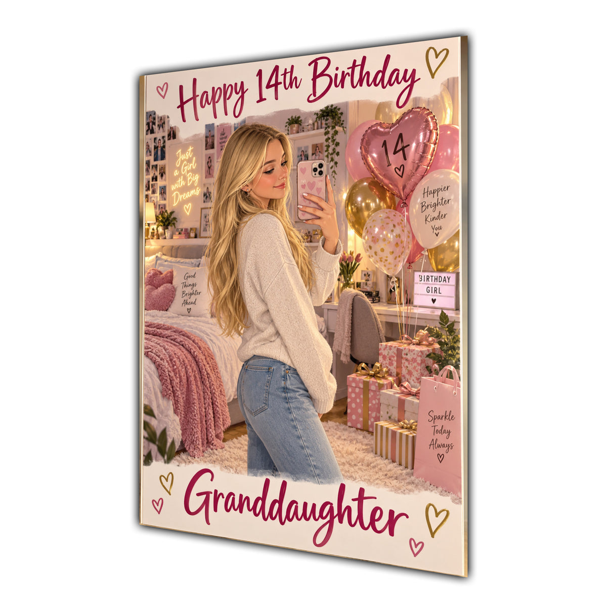 Happy 14th Birthday Granddaughter Pink Bedroom Selfie Greeting Card A5