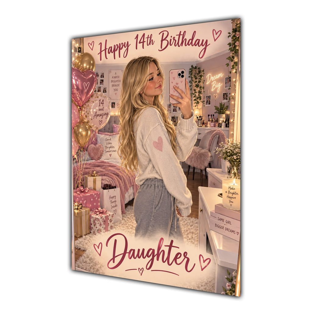 Happy 14th Birthday Daughter Pink Bedroom Selfie Greeting Card A5