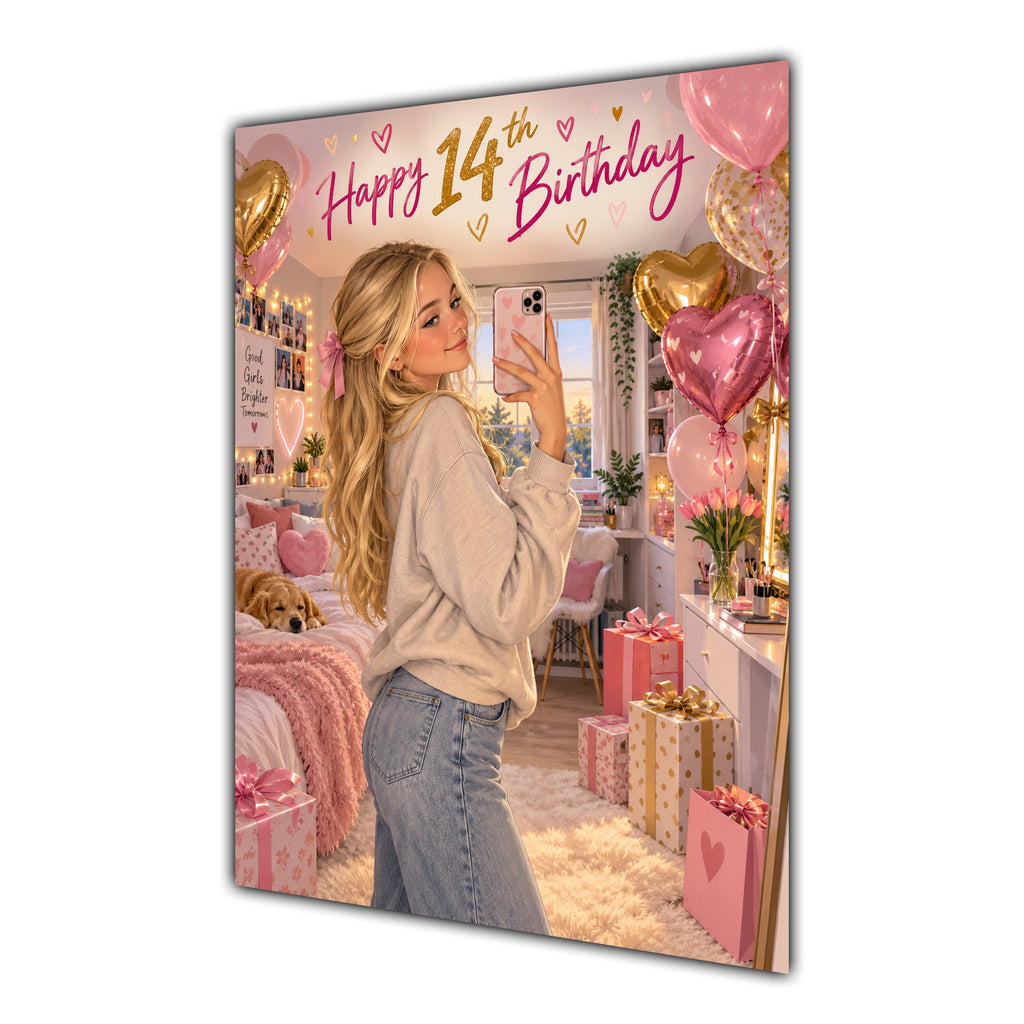 Happy 14th Birthday Girl Pink Bedroom Selfie Greeting Card A5