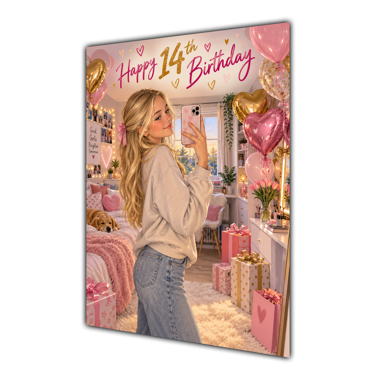 Happy 14th Birthday Girl Pink Bedroom Selfie Greeting Card A5