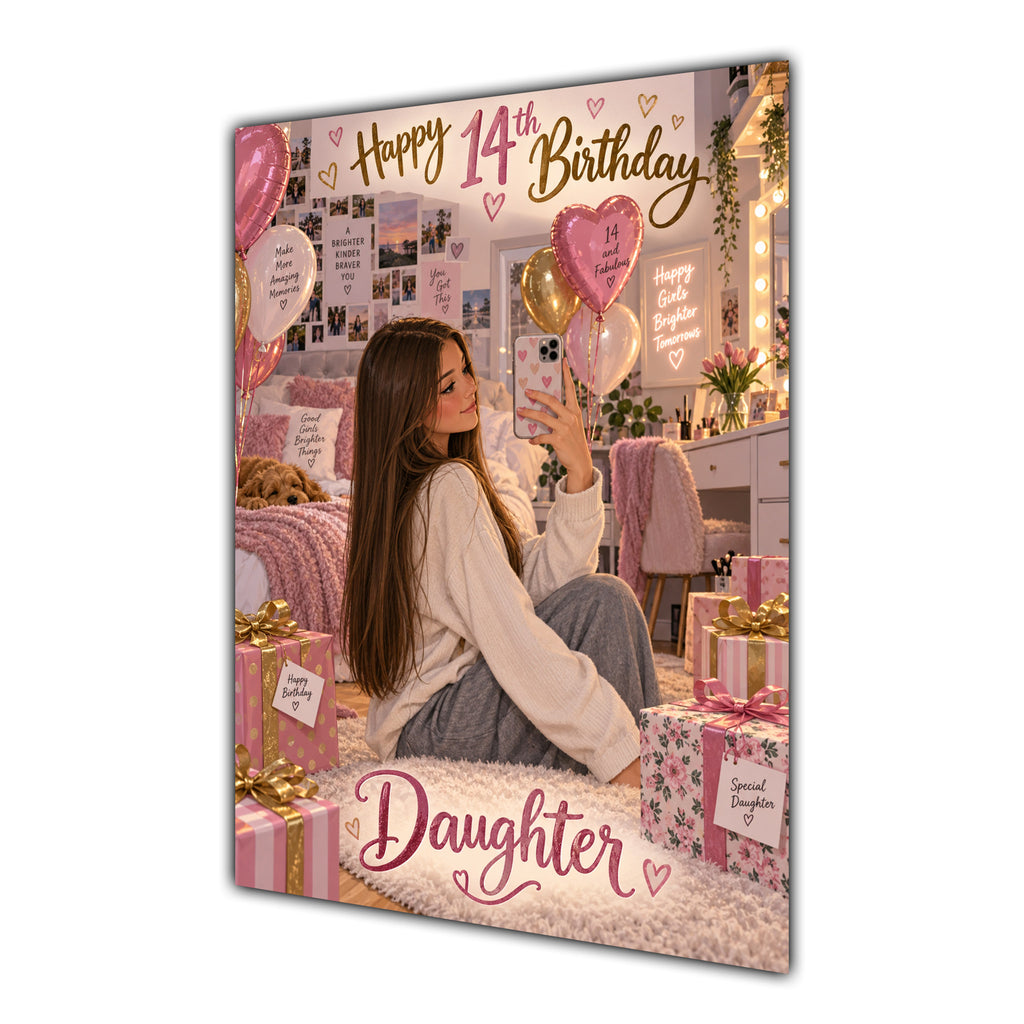 Happy 14th Birthday Daughter Pink Bedroom Selfie Greeting Card A5