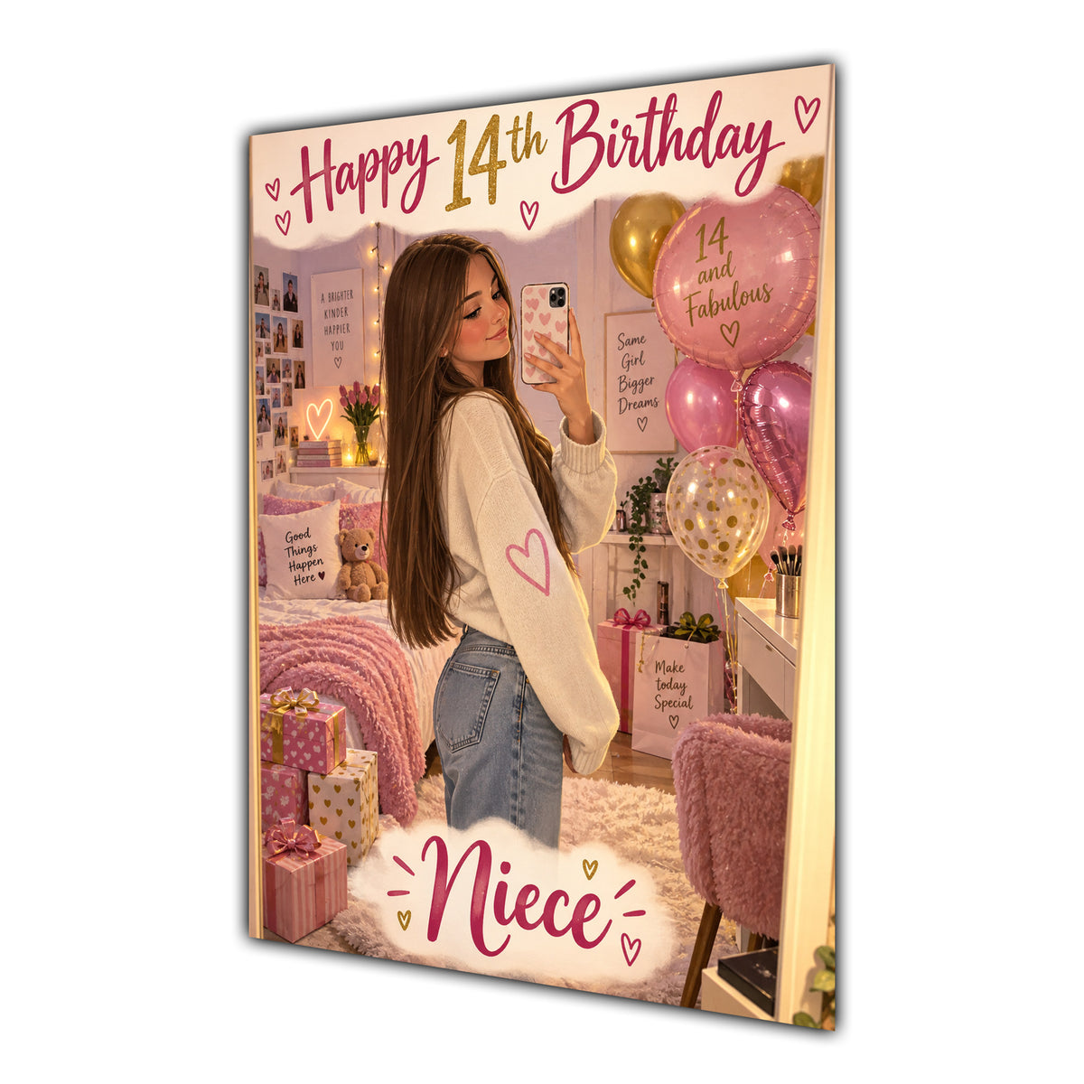 Happy 14th Birthday Niece Pink Bedroom Selfie Greeting Card A5