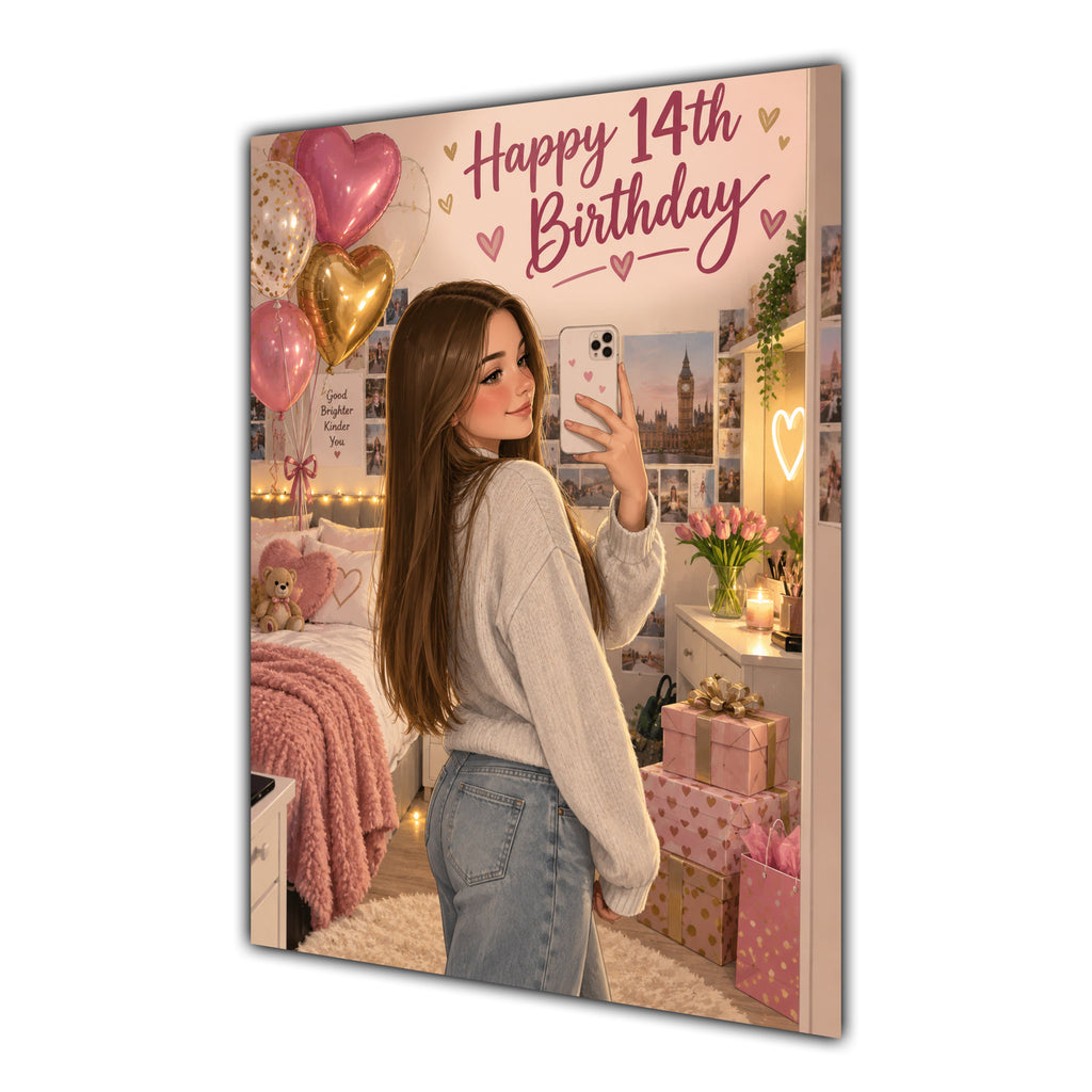 Happy 14th Birthday Girl Pink Bedroom Selfie Greeting Card A5