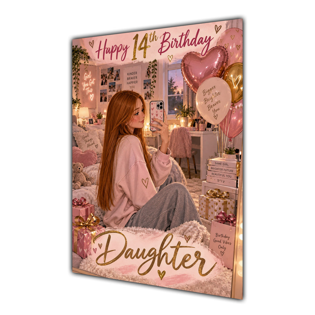 Happy 14th Birthday Daughter Pink Bedroom Selfie Greeting Card A5