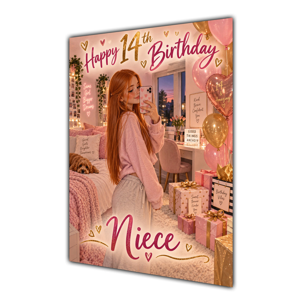 Happy 14th Birthday Niece Pink Bedroom Selfie Greeting Card A5