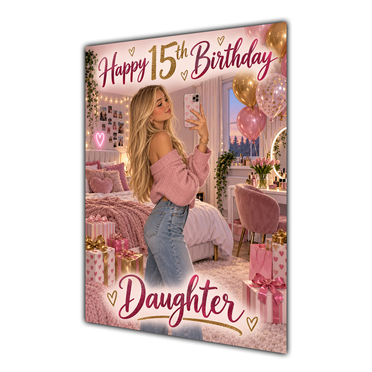 Happy 15th Birthday Daughter Pink Bedroom Selfie Greeting Card A5