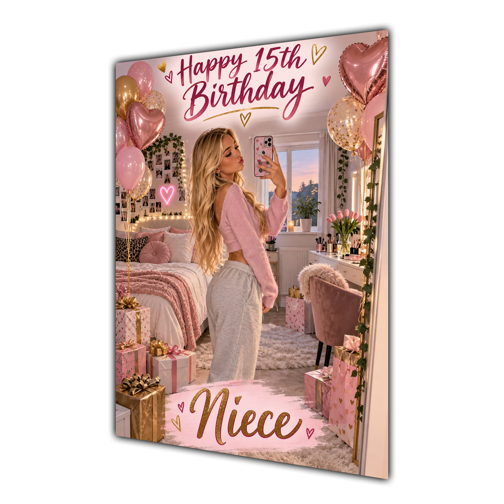 Happy 15th Birthday Niece Pink Bedroom Selfie Greeting Card A5