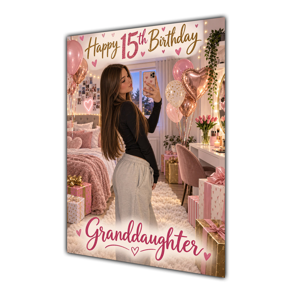 Happy 15th Birthday Granddaughter Pink Bedroom Selfie Greeting Card A5