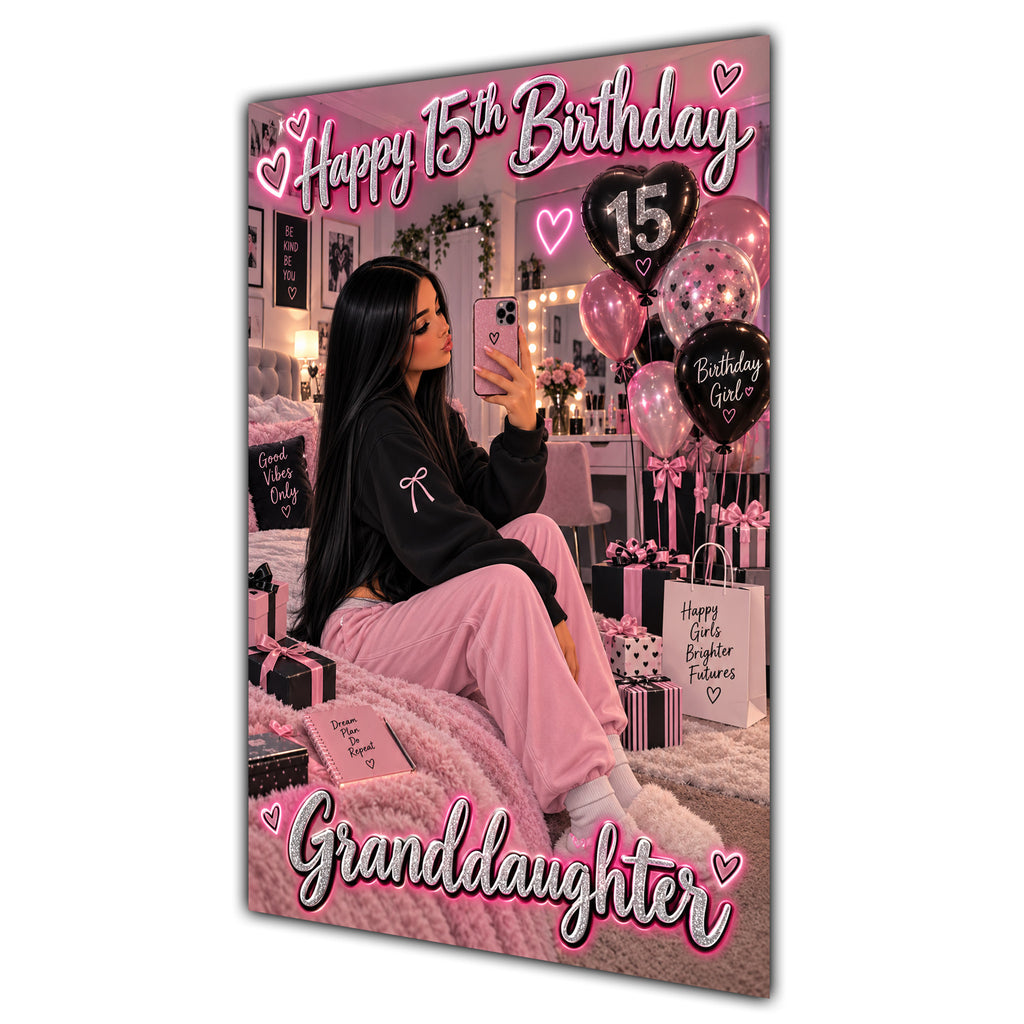 Happy 15th Birthday Granddaughter Pink Bedroom Selfie Greeting Card A5