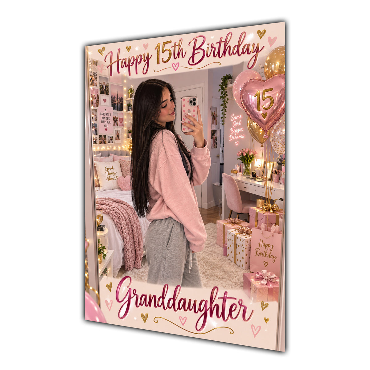 Happy 15th Birthday Granddaughter Pink Bedroom Selfie Greeting Card A5