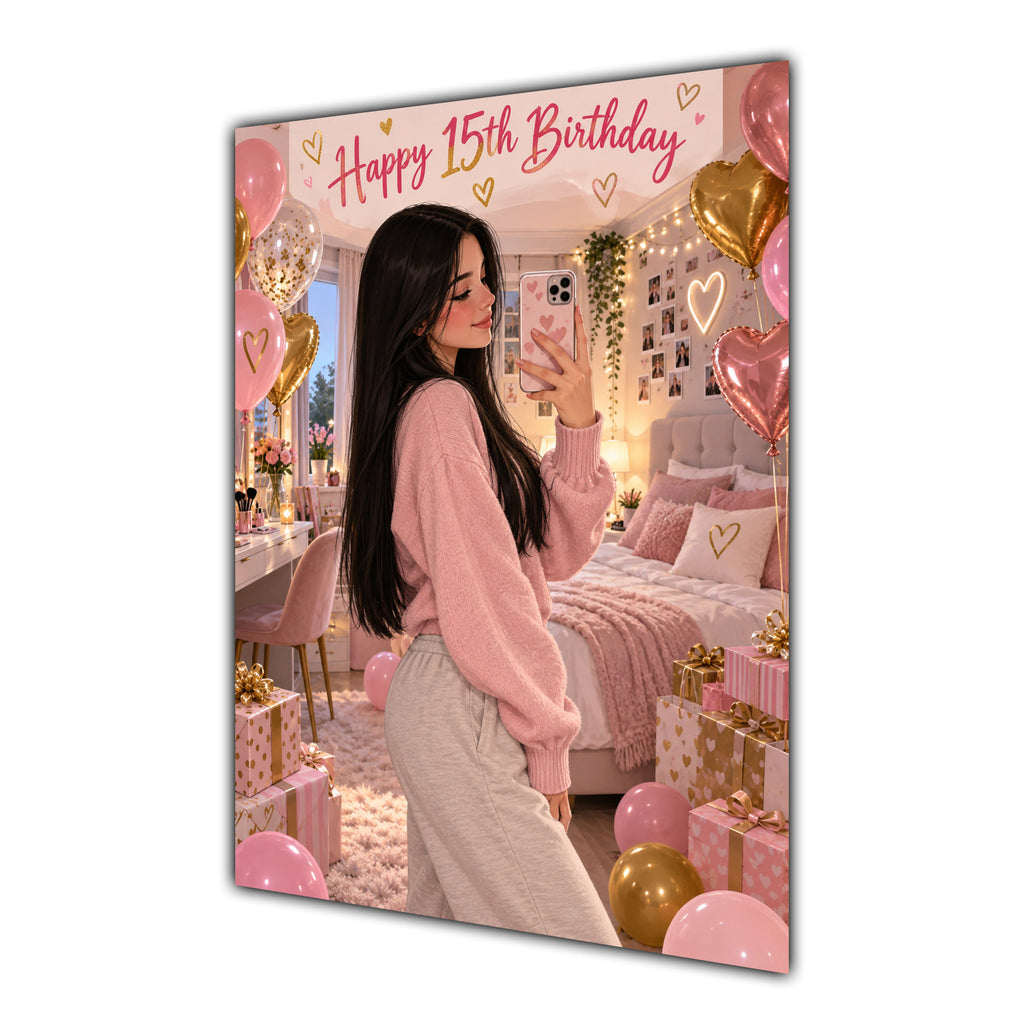 Happy 15th Birthday Girl Pink Bedroom Selfie Greeting Card A5