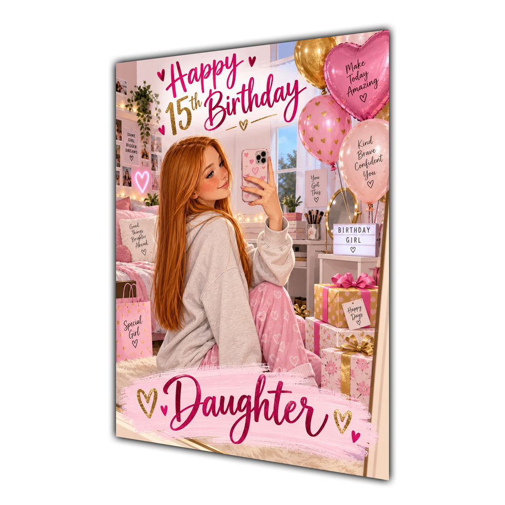 Happy 15th Birthday Daughter Pink Bedroom Selfie Greeting Card A5