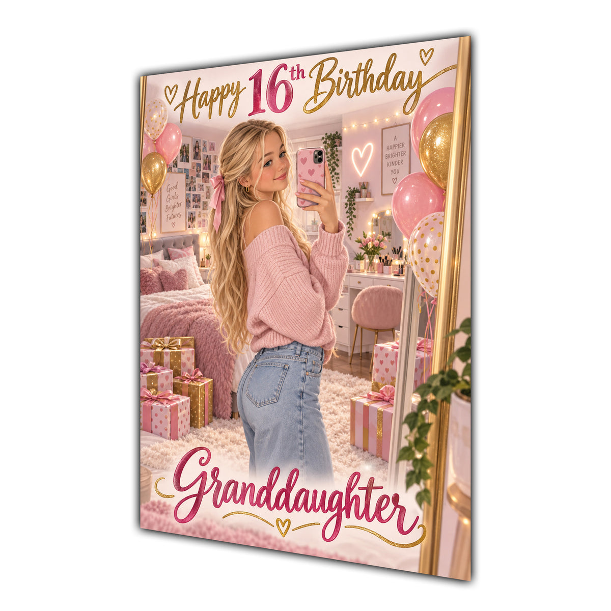 Happy 16th Birthday Granddaughter Pink Bedroom Selfie Greeting Card A5