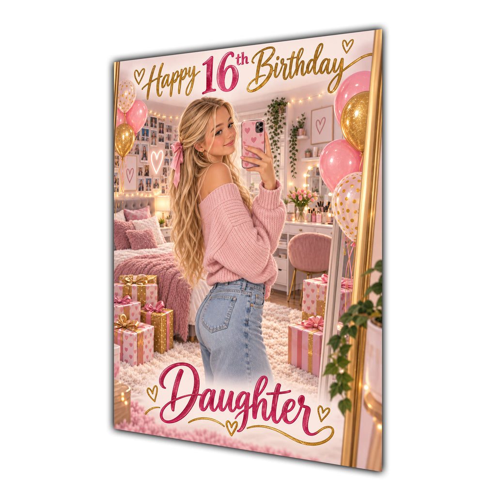 Happy 16th Birthday Daughter Pink Bedroom Selfie Greeting Card A5
