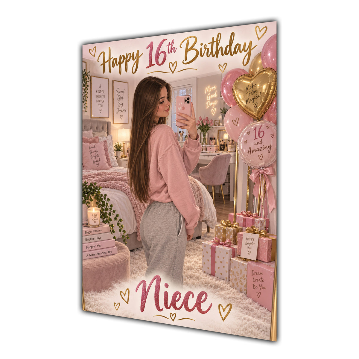 Happy 16th Birthday Niece Pink Bedroom Selfie Greeting Card A5