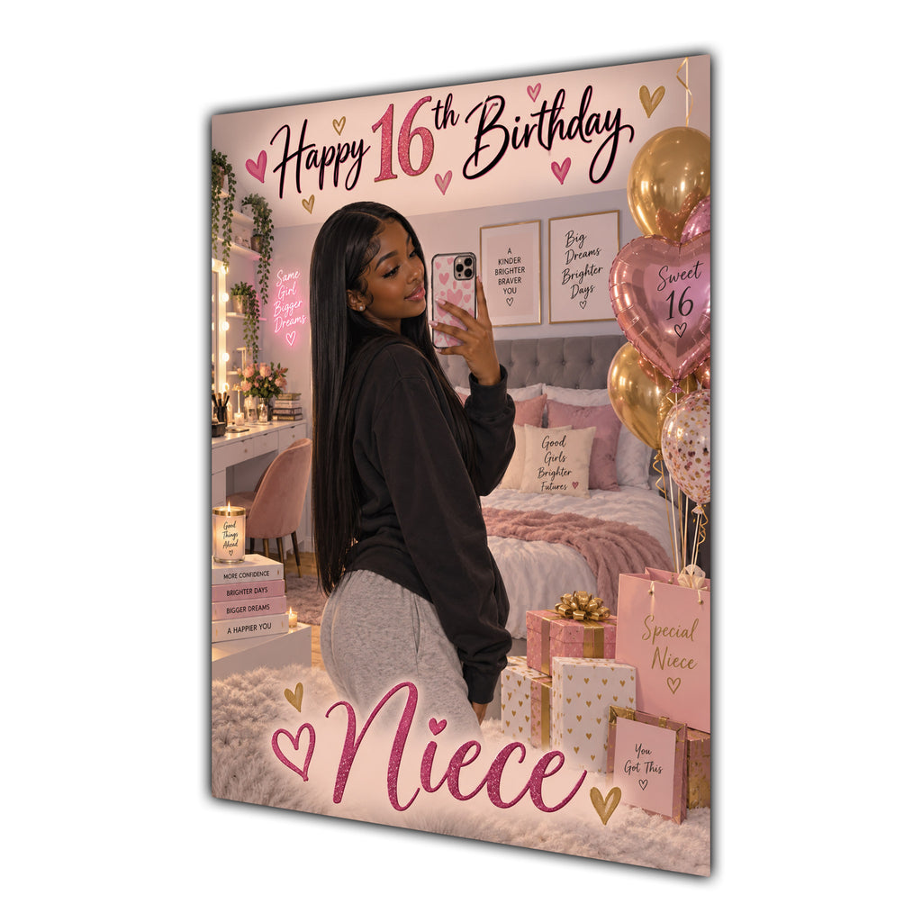 Happy 16th Birthday Niece Pink Bedroom Selfie Greeting Card A5